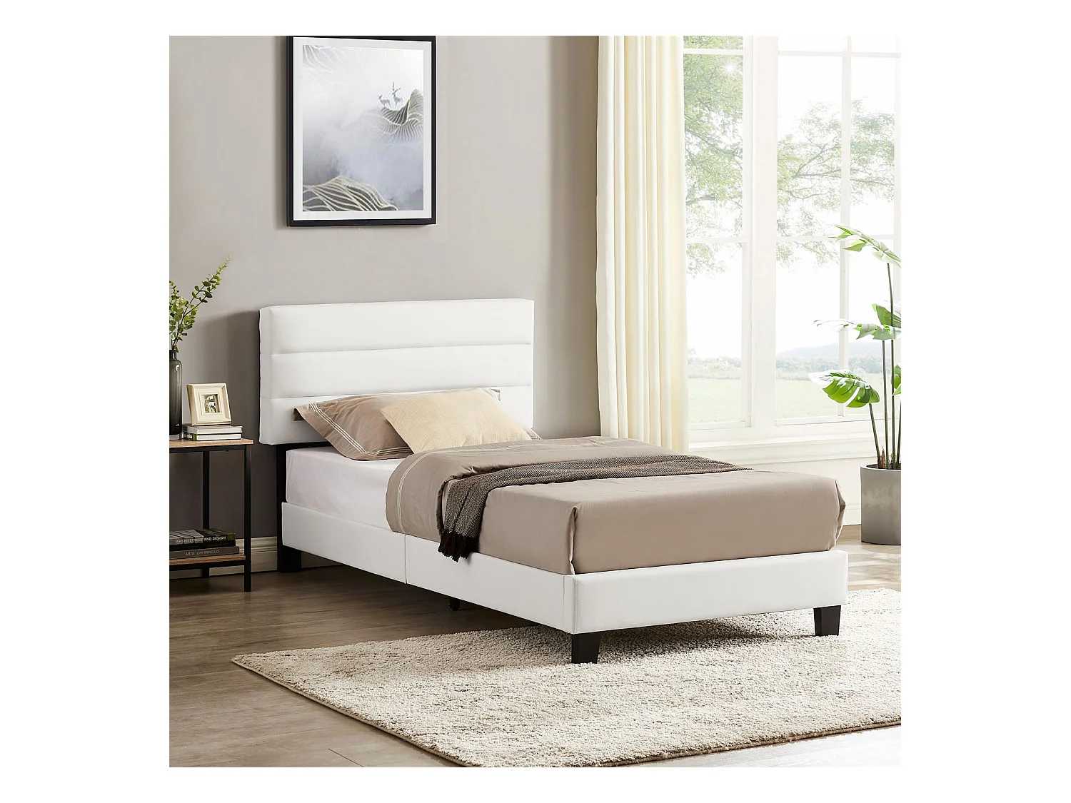 Lit 1 place HUDSON 90x190 cm avec sommier, lit simple pour enfant ou adulte, hauteur réglable, lit en synthétique blanc