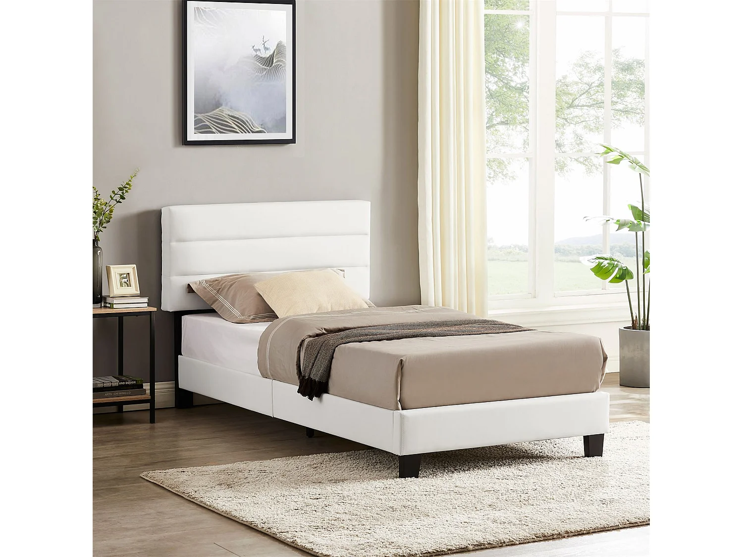 Lit 1 place HUDSON 90x190 cm avec sommier, lit simple pour enfant ou adulte, hauteur réglable, lit en synthétique blanc