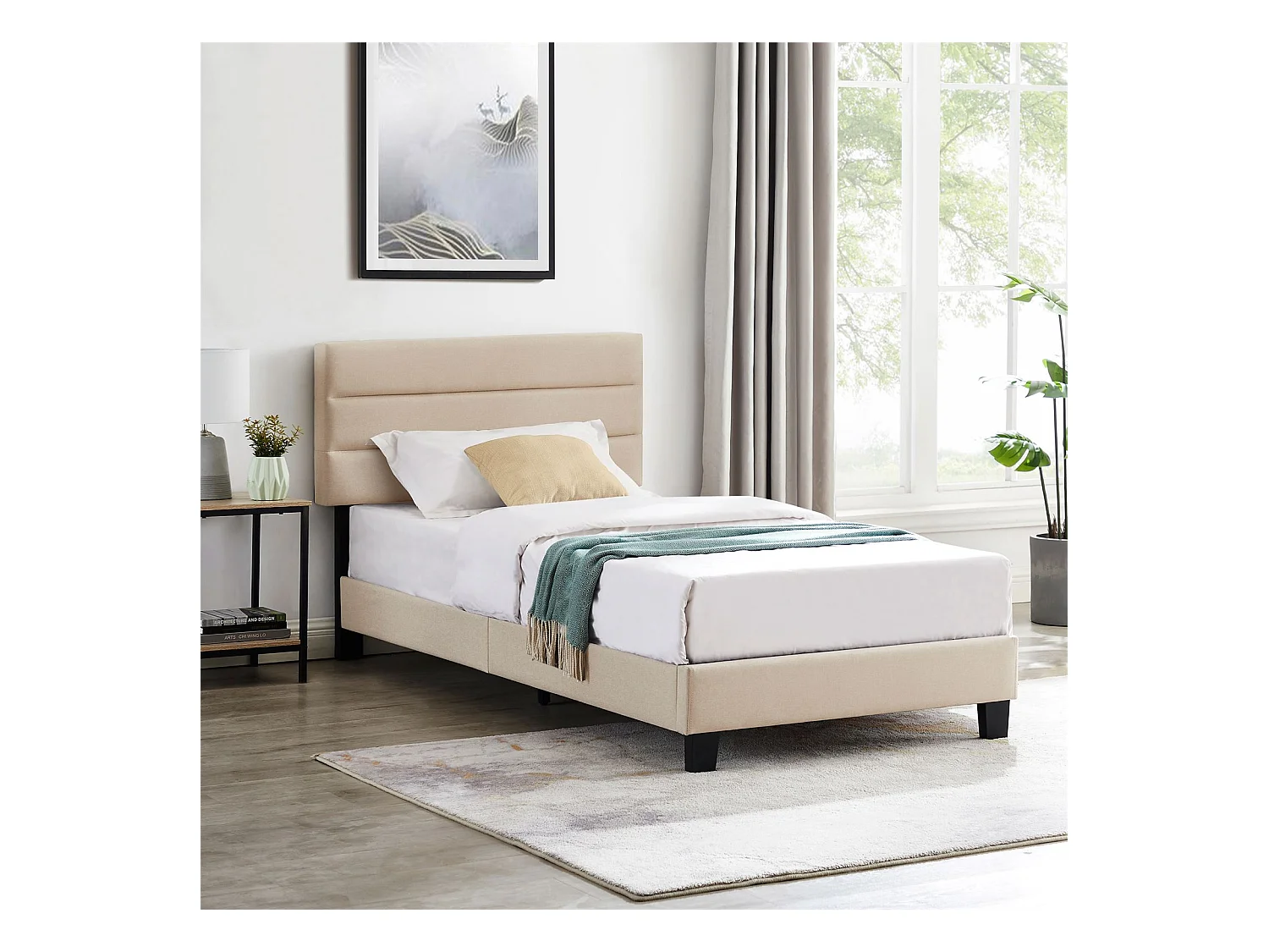 Lit 1 place FLORIDA 90x190 cm avec sommier, lit simple pour enfant ou adulte, hauteur réglable, lit en tissu beige