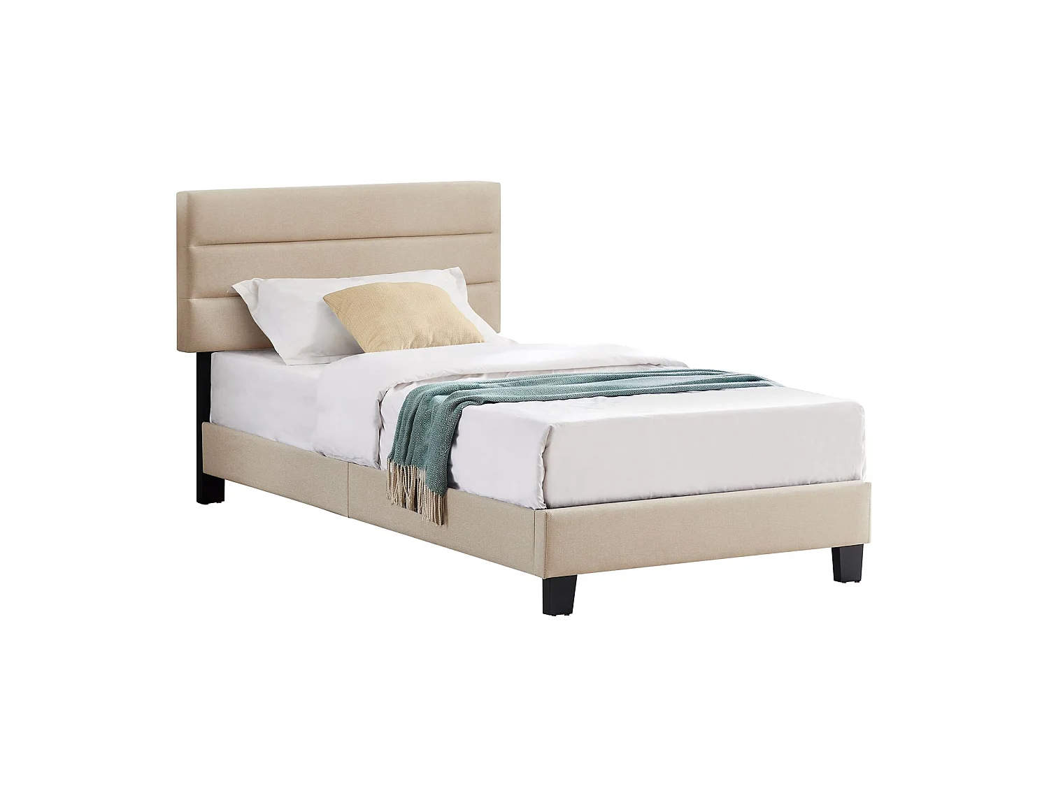 Lit 1 place FLORIDA 90x190 cm avec sommier, lit simple pour enfant ou adulte, hauteur réglable, lit en tissu beige