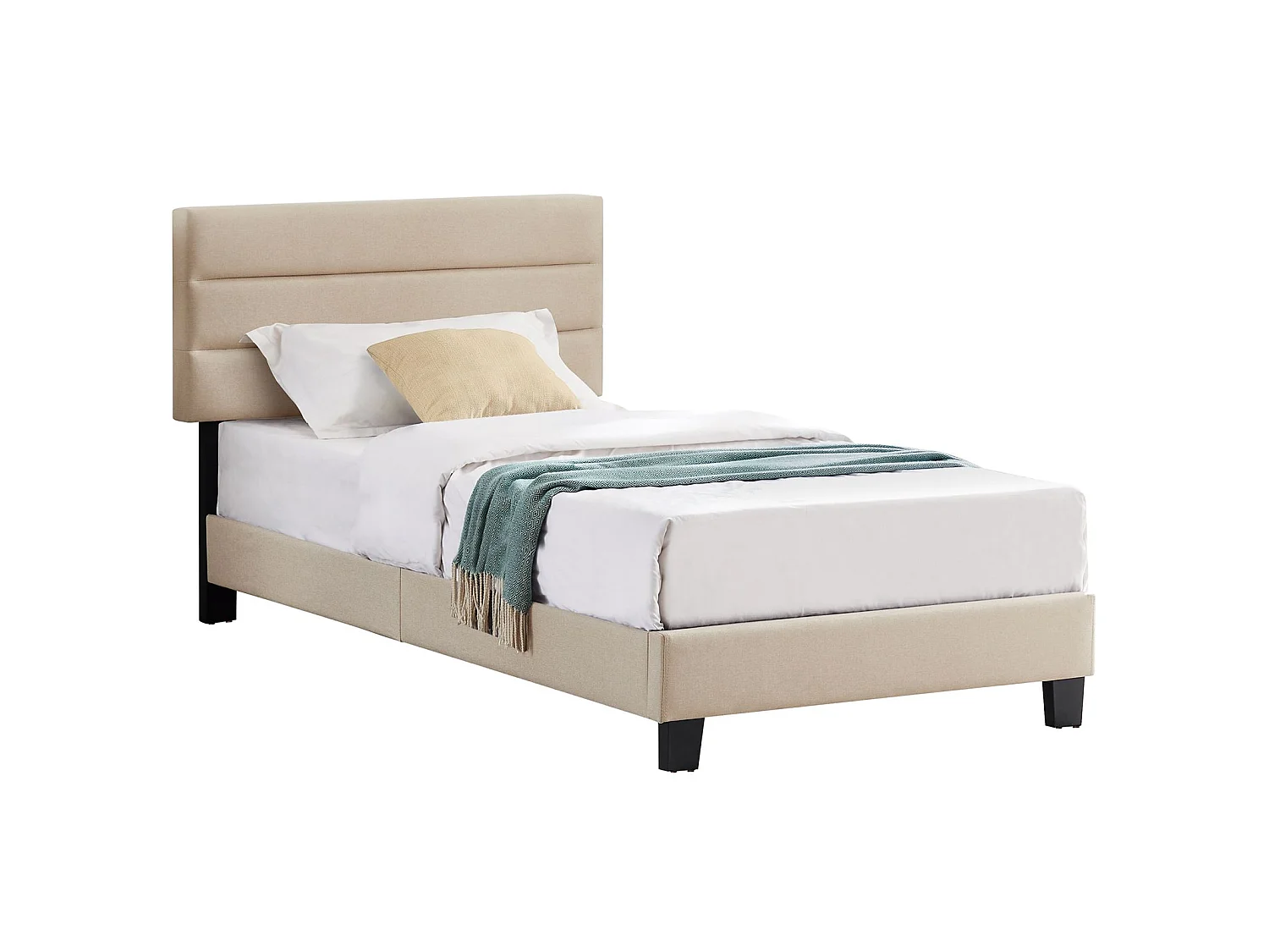 Lit 1 place FLORIDA 90x190 cm avec sommier, lit simple pour enfant ou adulte, hauteur réglable, lit en tissu beige