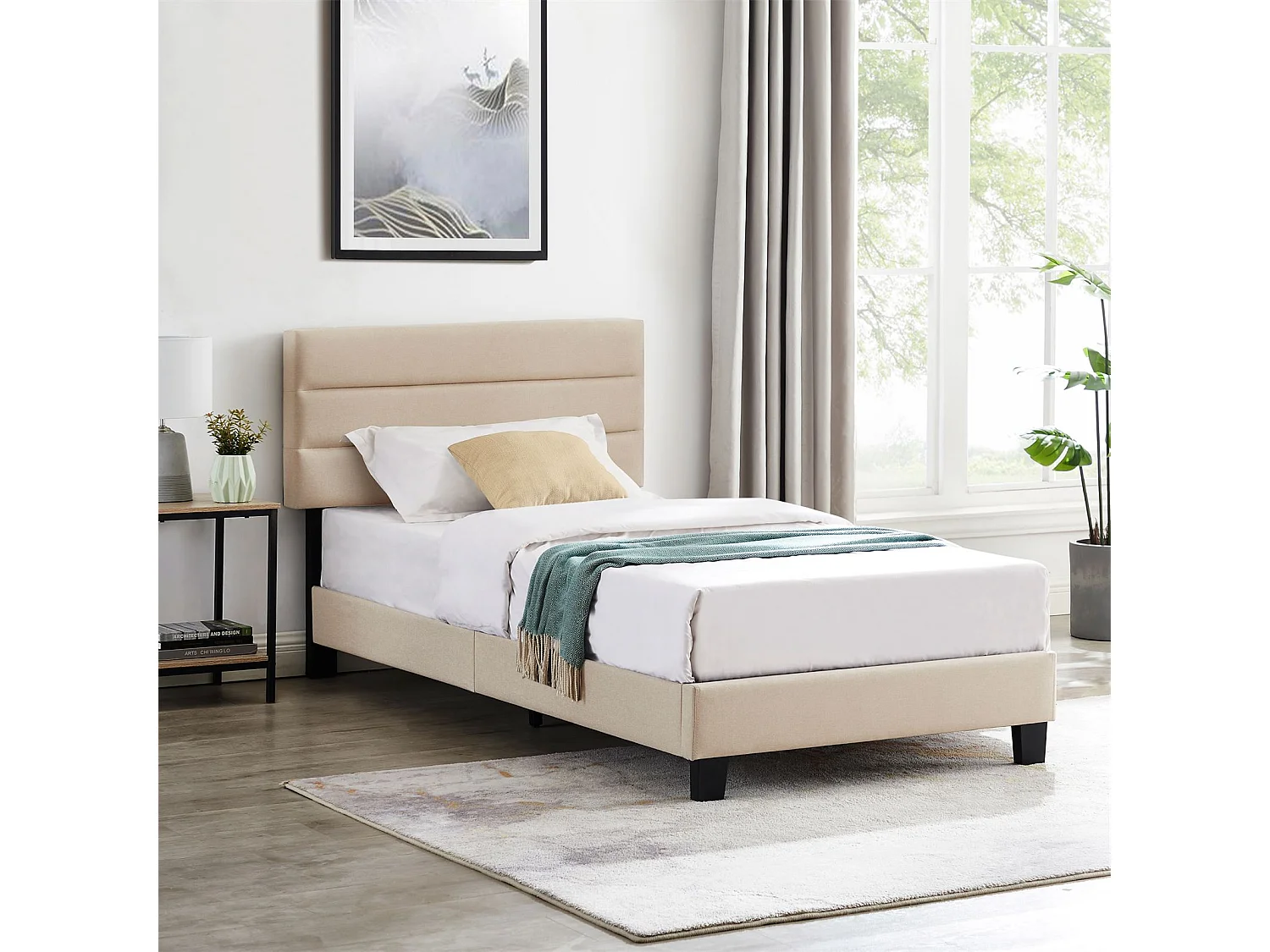 Lit 1 place FLORIDA 90x190 cm avec sommier, lit simple pour enfant ou adulte, hauteur réglable, lit en tissu beige