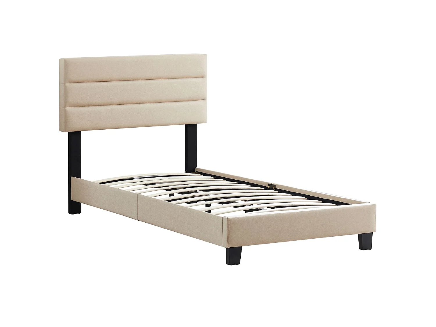Lit 1 place FLORIDA 90x190 cm avec sommier, lit simple pour enfant ou adulte, hauteur réglable, lit en tissu beige