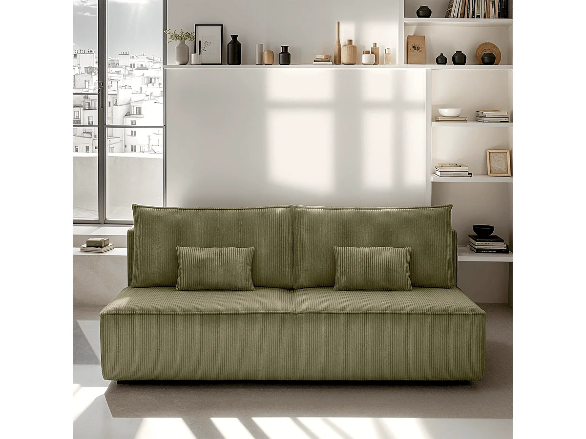 Canapé convertible 3 places avec coffre de rangement en velours côtelé vert kaki - Milla