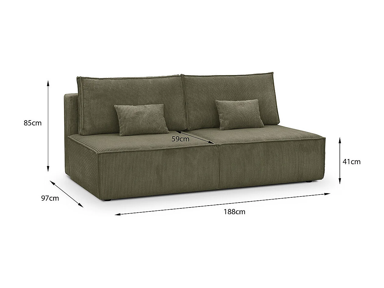 Canapé convertible 3 places avec coffre de rangement en velours côtelé vert kaki - Milla