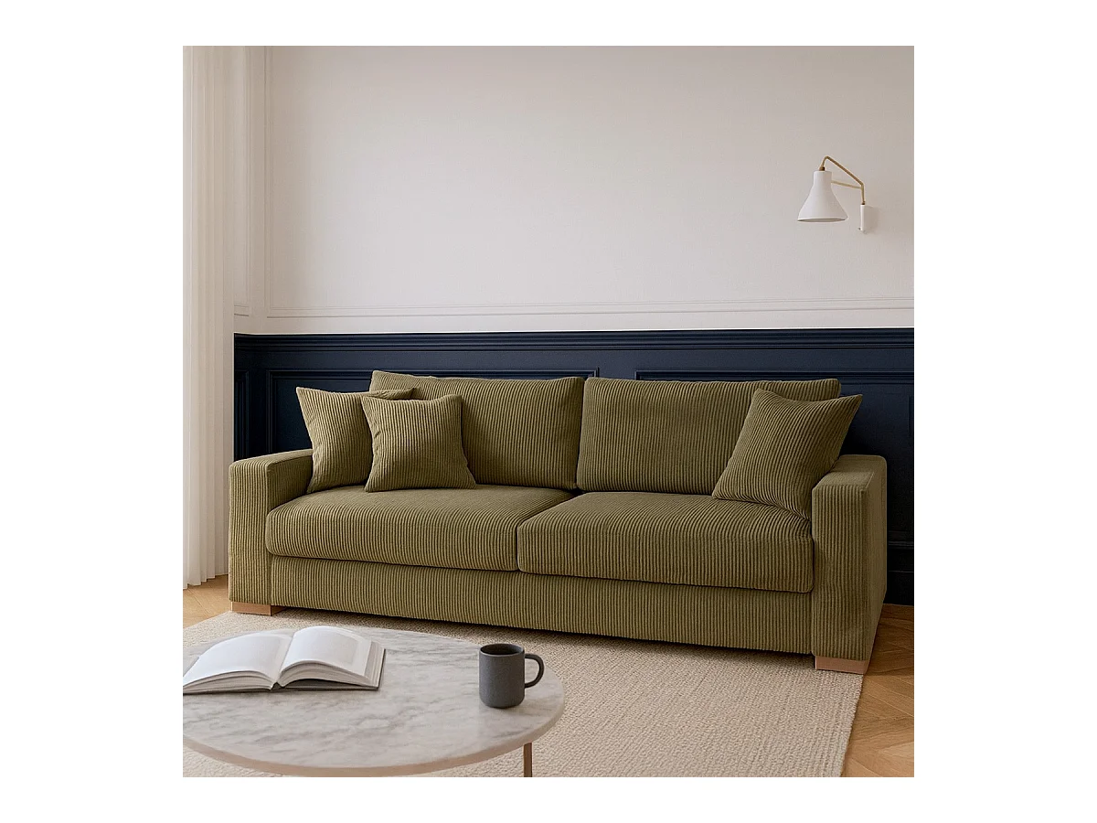 Canapé convertible 3 places en velours côtelé vert kaki - Robin