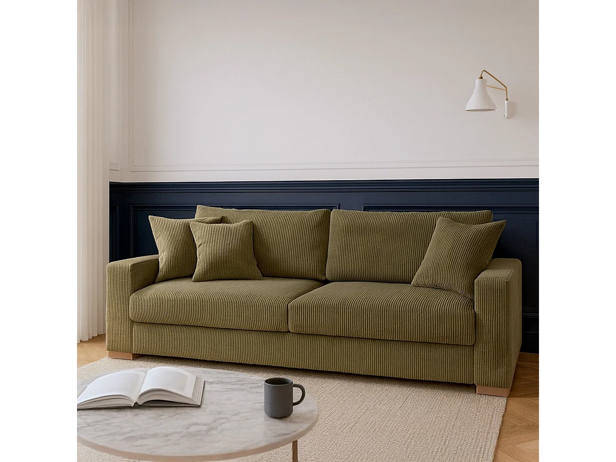 Canapé convertible 3 places en velours côtelé vert kaki - Robin