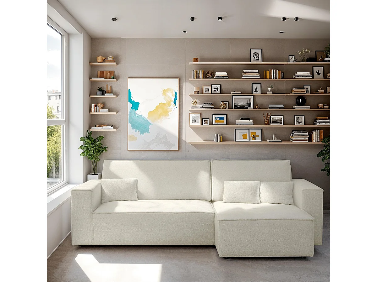 Canapé d'angle convertible réversible 4 places avec coffre de rangement en tissu bouclé beige - Livia