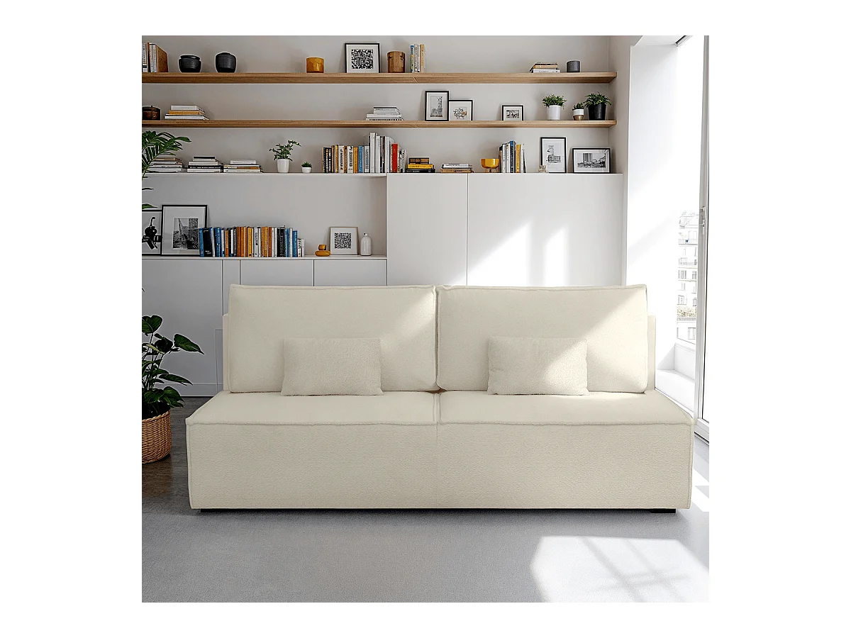 Canapé convertible 3 places avec coffre de rangement en tissu bouclé beige - Milla