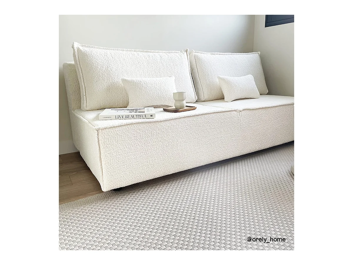 Canapé convertible 3 places avec coffre de rangement en tissu bouclé beige - Milla