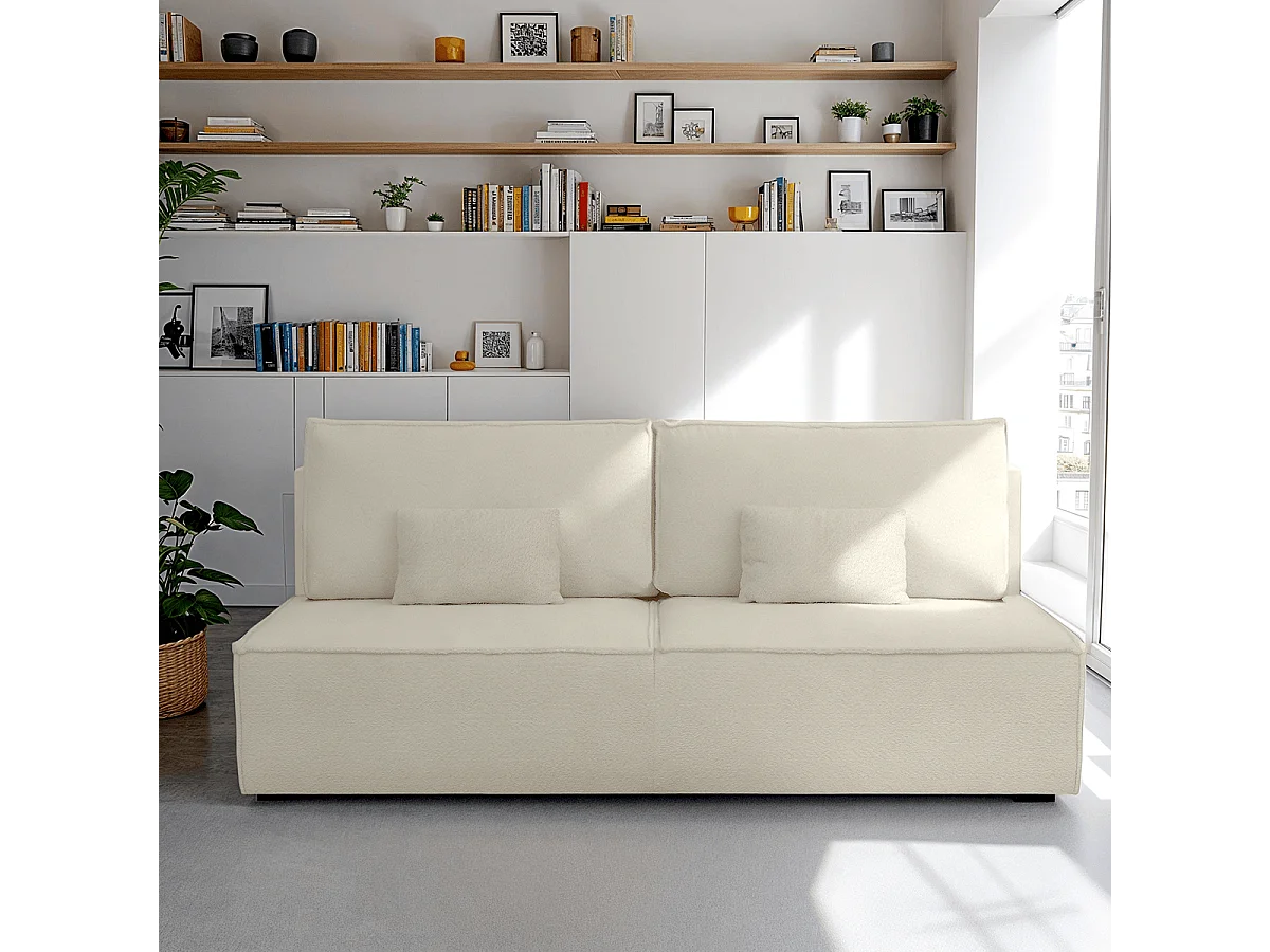 Canapé convertible 3 places avec coffre de rangement en tissu bouclé beige - Milla