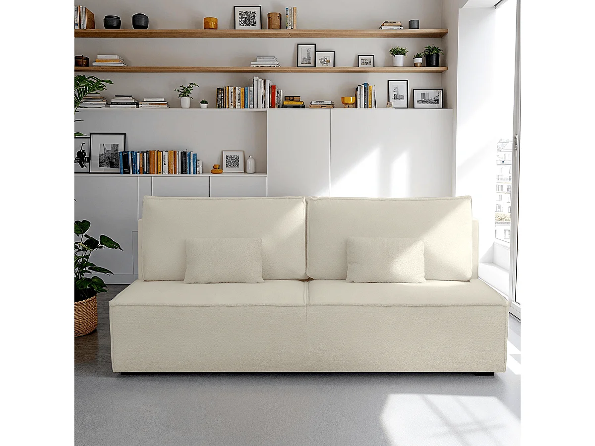 Canapé convertible 3 places avec coffre en tissu bouclette beige MILLA