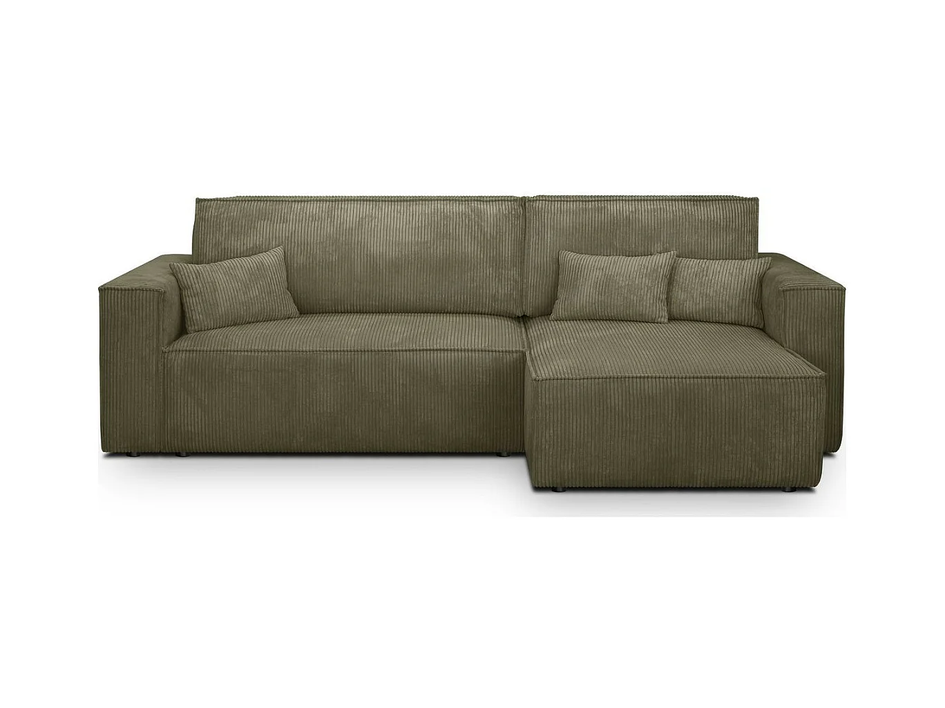 Canapé d'angle convertible réversible 4 places avec coffre de rangement en velours côtelé vert kaki - Livia