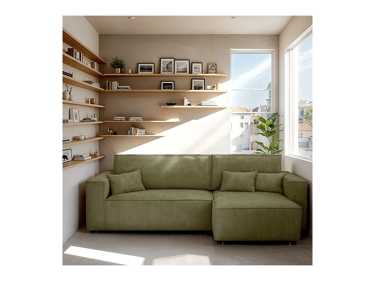 Canapé d'angle convertible réversible 4 places avec coffre de rangement en velours côtelé vert kaki - Livia