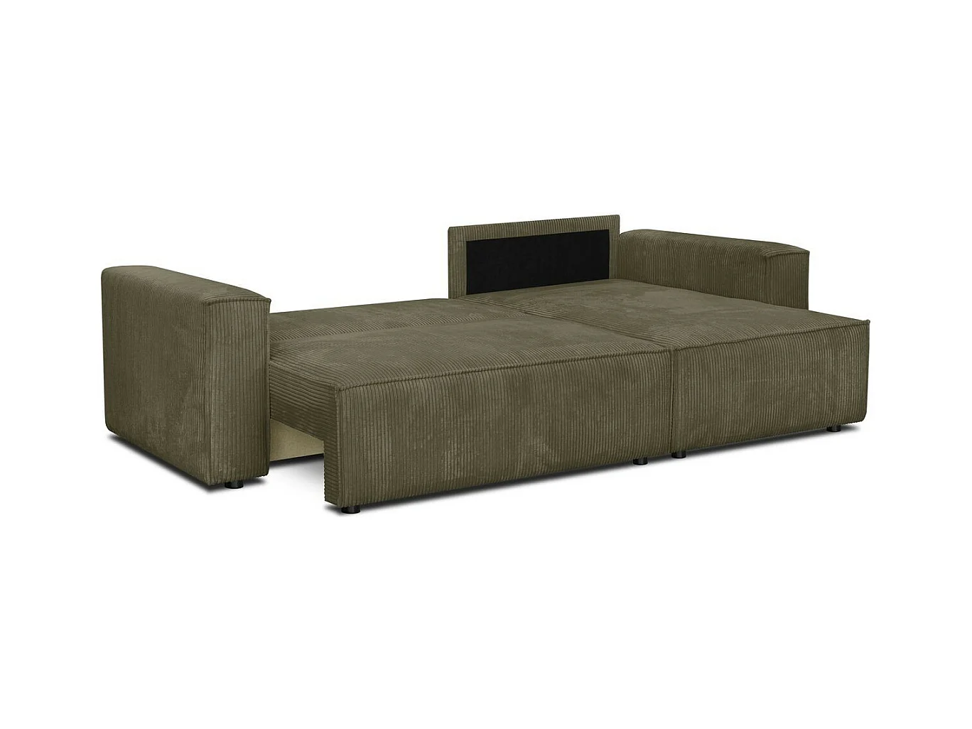 Canapé d'angle convertible réversible 4 places avec coffre de rangement en velours côtelé vert kaki - Livia