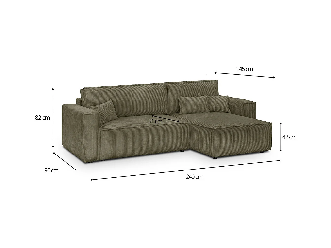 Canapé d'angle convertible réversible 4 places avec coffre de rangement en velours côtelé vert kaki - Livia