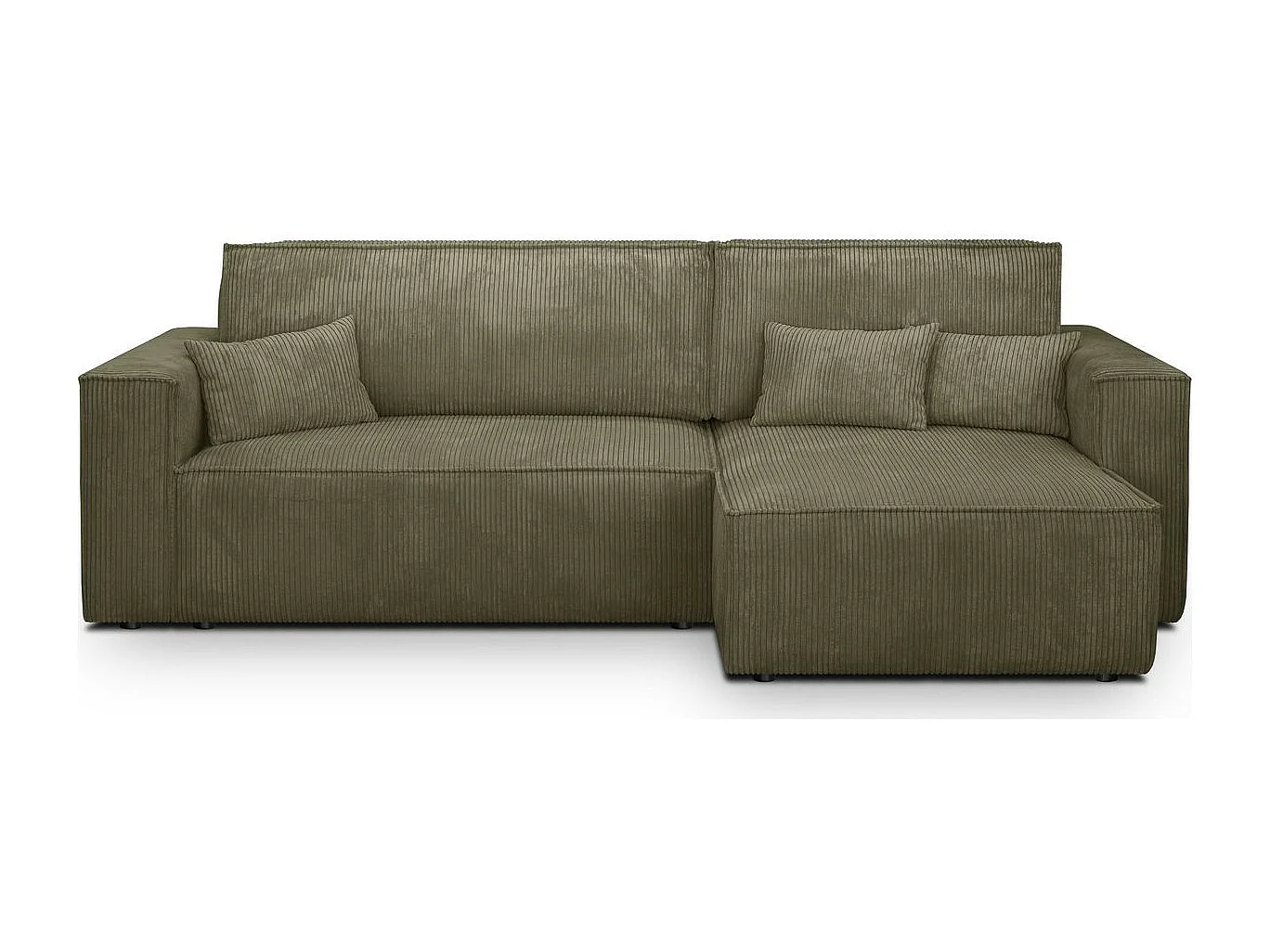 Canapé d'angle convertible réversible 4 places avec coffre de rangement en velours côtelé vert kaki - Livia