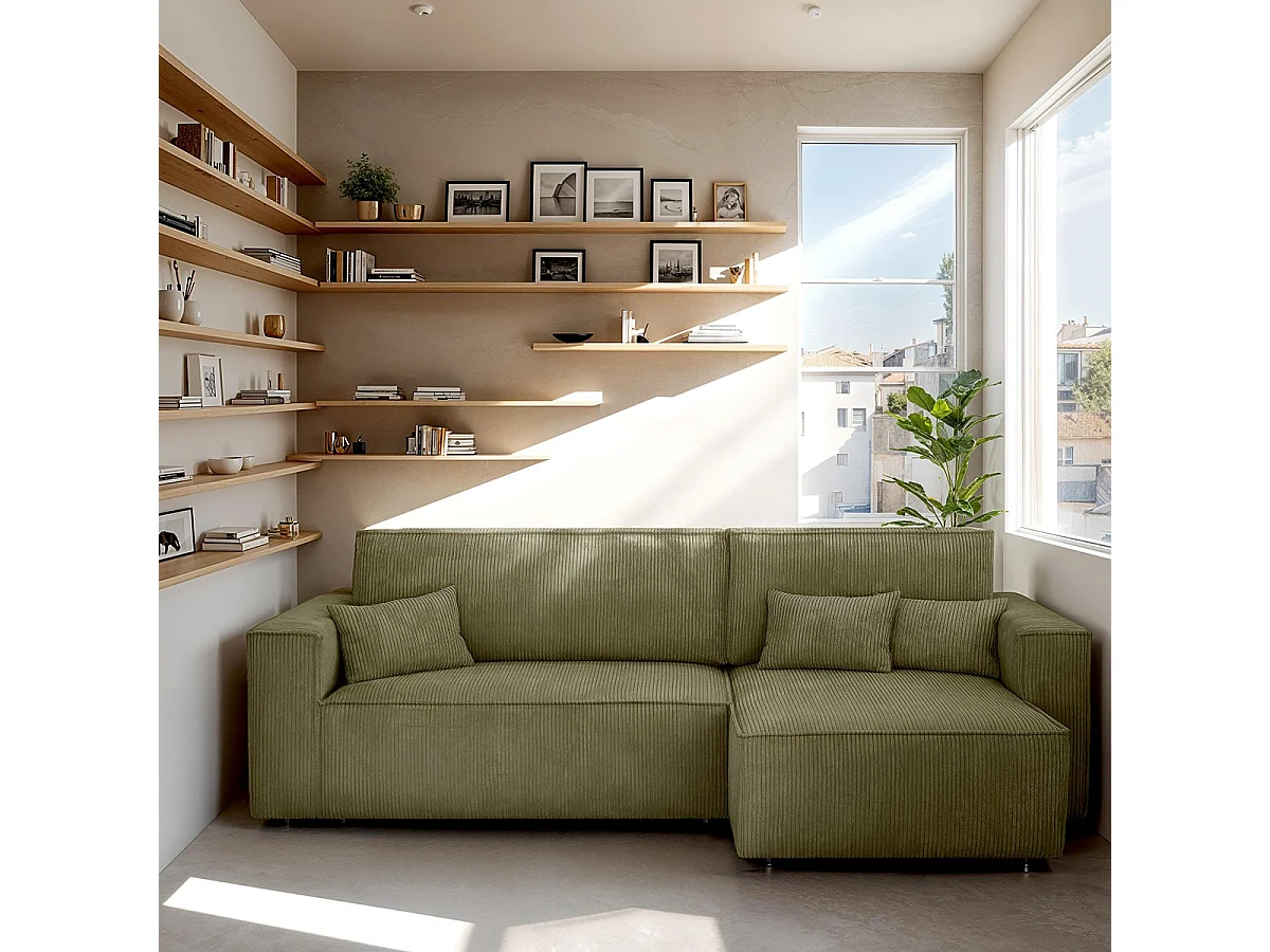 Canapé d'angle convertible réversible 4 places avec coffre de rangement en velours côtelé vert kaki - Livia
