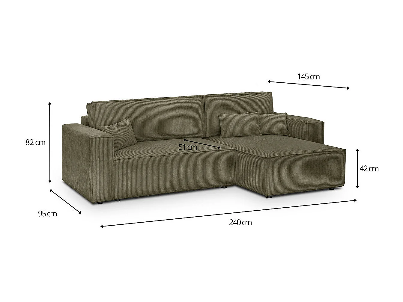 Canapé d'angle convertible réversible 4 places avec coffre de rangement en velours côtelé vert kaki - Livia