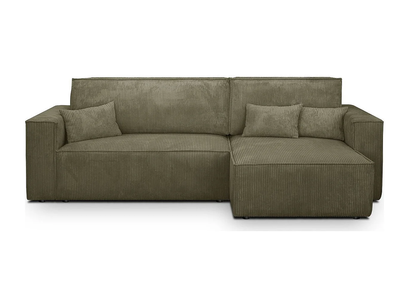 Canapé d'angle convertible réversible 4 places avec coffre de rangement en velours côtelé vert kaki - Livia