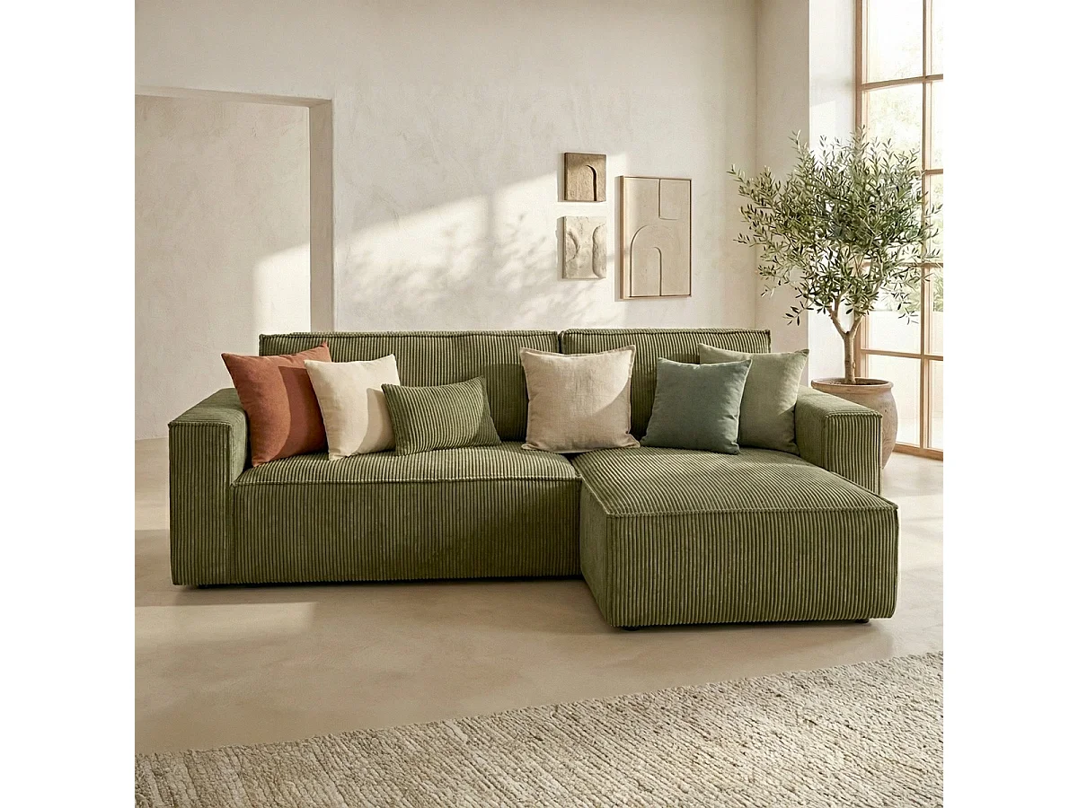 Canapé d'angle convertible réversible 4 places avec coffre de rangement en velours côtelé vert kaki - Livia