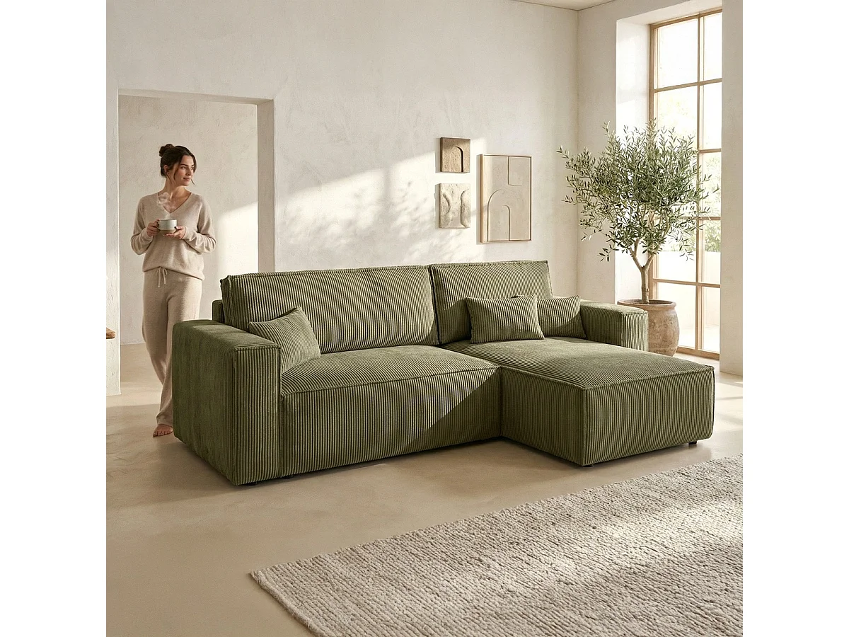 Canapé d'angle convertible réversible 4 places avec coffre de rangement en velours côtelé vert kaki - Livia