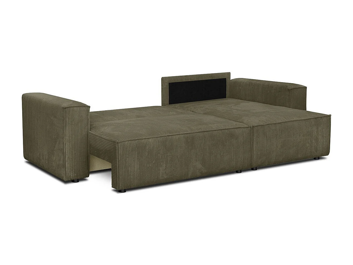 Canapé d'angle convertible réversible 4 places avec coffre de rangement en velours côtelé vert kaki - Livia