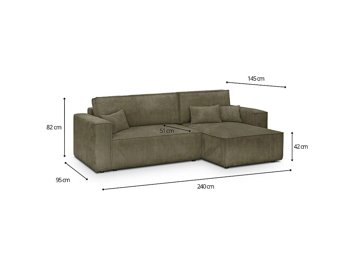 Canapé d'angle convertible 4 places avec coffre en velours vert kaki