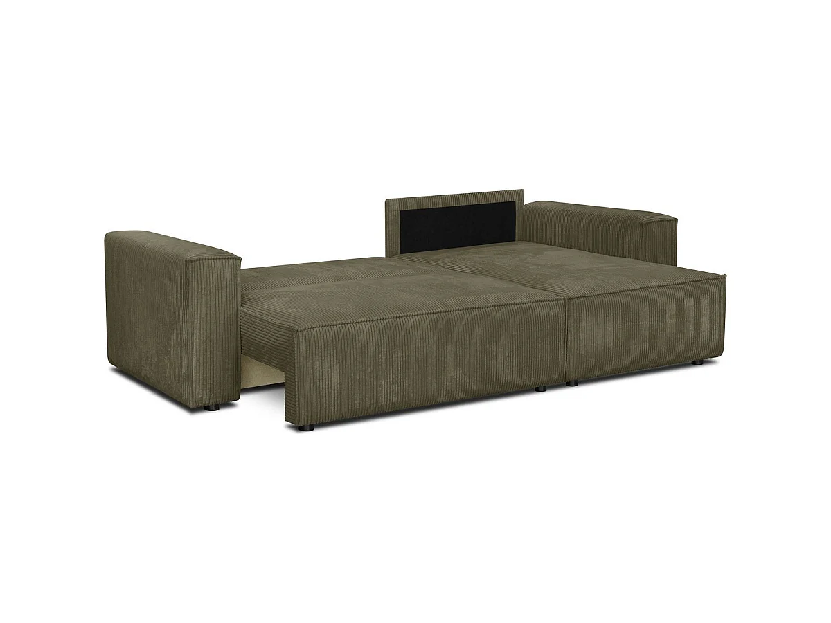 Canapé d'angle convertible 4 places avec coffre en velours vert kaki