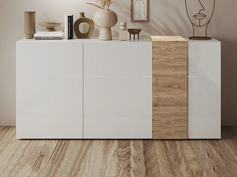 Buffet avec 3 portes - Blanc et naturel clair - CAYNO
