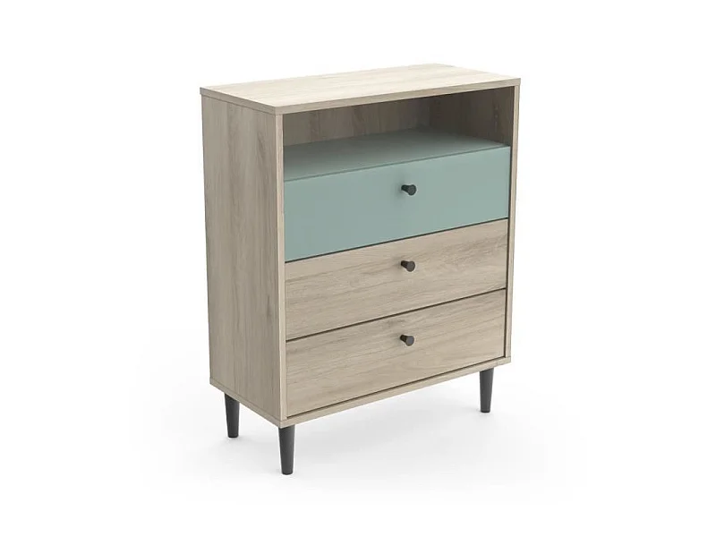 Commode ARTY 3 tiroirs, 1 niche - Décor chene Kronberg et mélaminé Vert de gris - L 60,7 x P 28,5 x H 75,7 cm - Demeyre