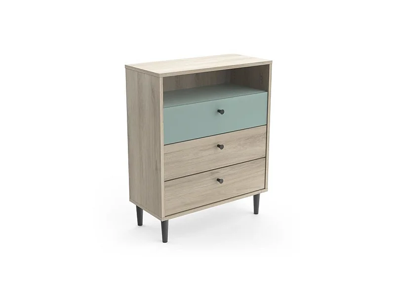 Commode ARTY 3 tiroirs, 1 niche - Décor chene Kronberg et mélaminé Vert de gris - L 60,7 x P 28,5 x H 75,7 cm - Demeyre