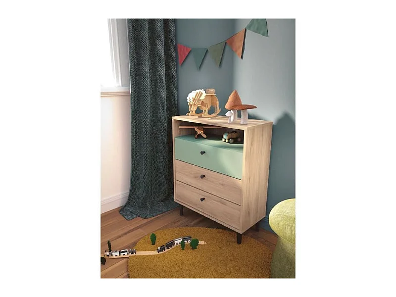 Cómoda ARTY 3 cajones roble Kronberg y melamina verde grisáceo, nicho integrado, L 60,7 x P 28,5 x H 75,7 cm