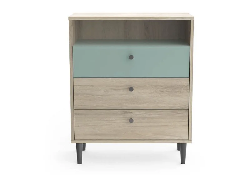 Cómoda ARTY 3 cajones roble Kronberg y melamina verde grisáceo, nicho integrado, L 60,7 x P 28,5 x H 75,7 cm