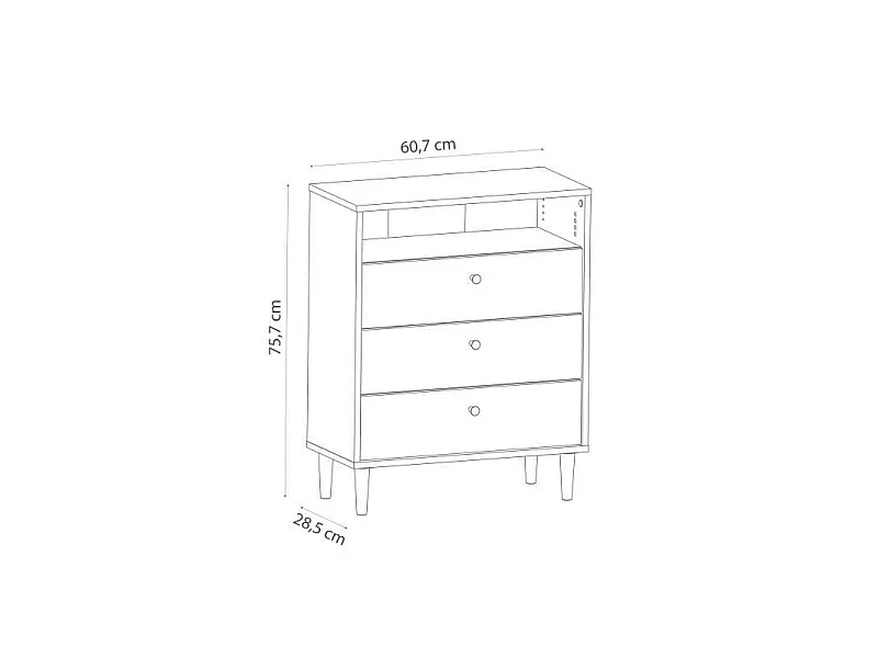 Cómoda ARTY 3 cajones roble Kronberg y melamina verde grisáceo, nicho integrado, L 60,7 x P 28,5 x H 75,7 cm