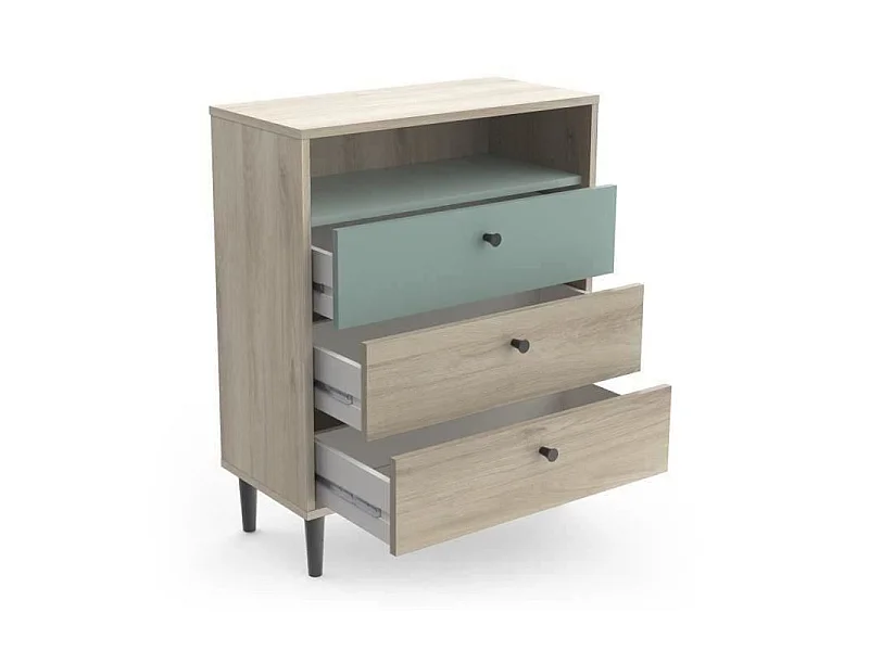 Cómoda ARTY 3 cajones roble Kronberg y melamina verde grisáceo, nicho integrado, L 60,7 x P 28,5 x H 75,7 cm