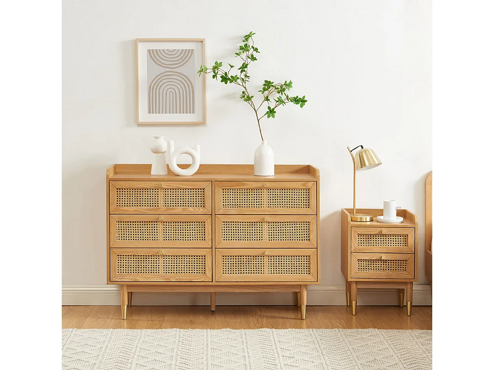 Bombong - Commode 6 tiroirs en bois et cannage L120cm - Bois clair