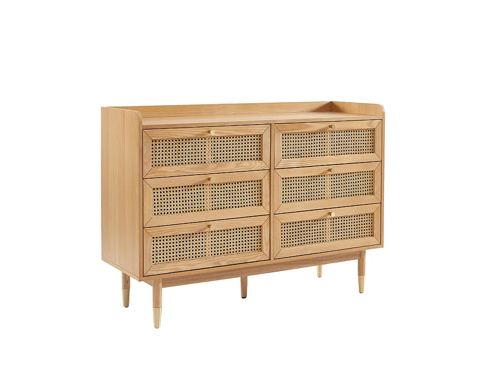Bombong - Commode 6 tiroirs en bois et cannage L120cm - Bois clair