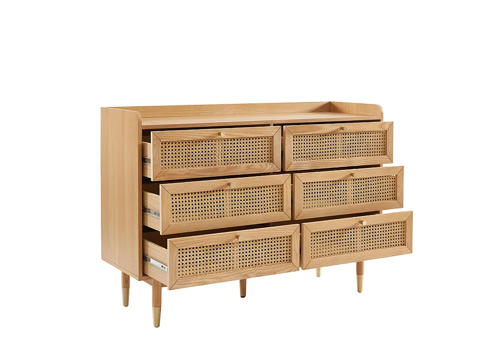Bombong - Commode 6 tiroirs en bois et cannage L120cm - Bois clair