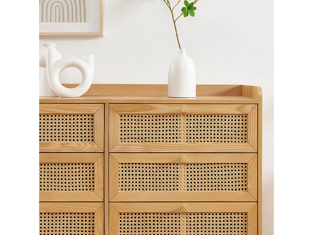 Bombong - Commode 6 tiroirs en bois et cannage L120cm - Bois clair