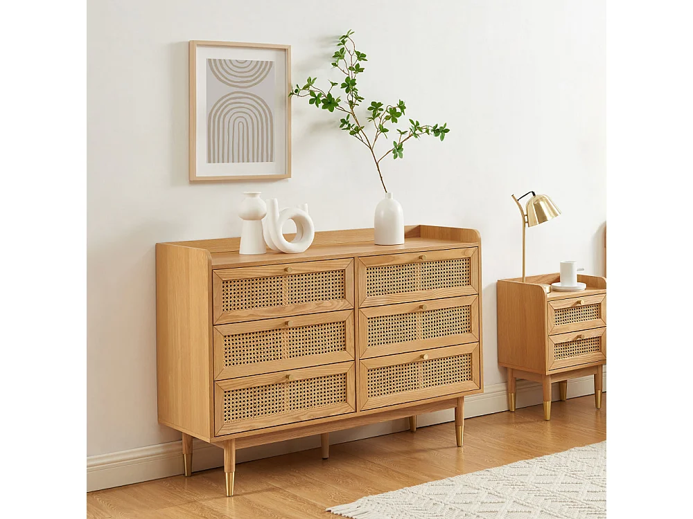 Bombong - Commode 6 tiroirs en bois et cannage L120cm - Bois clair