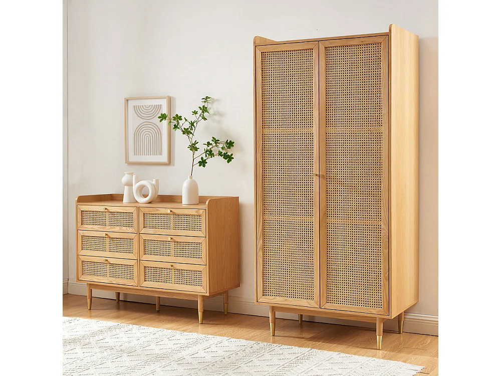 Bombong - Commode 6 tiroirs en bois et cannage L120cm - Bois clair