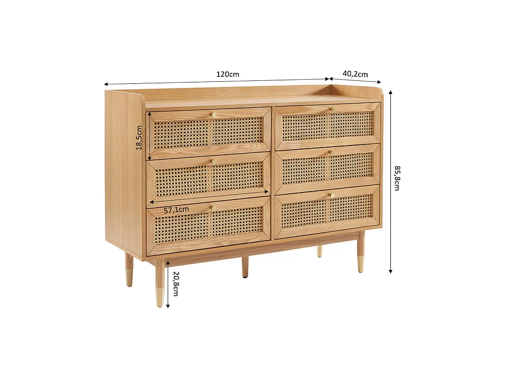 Bombong - Commode 6 tiroirs en bois et cannage L120cm - Bois clair