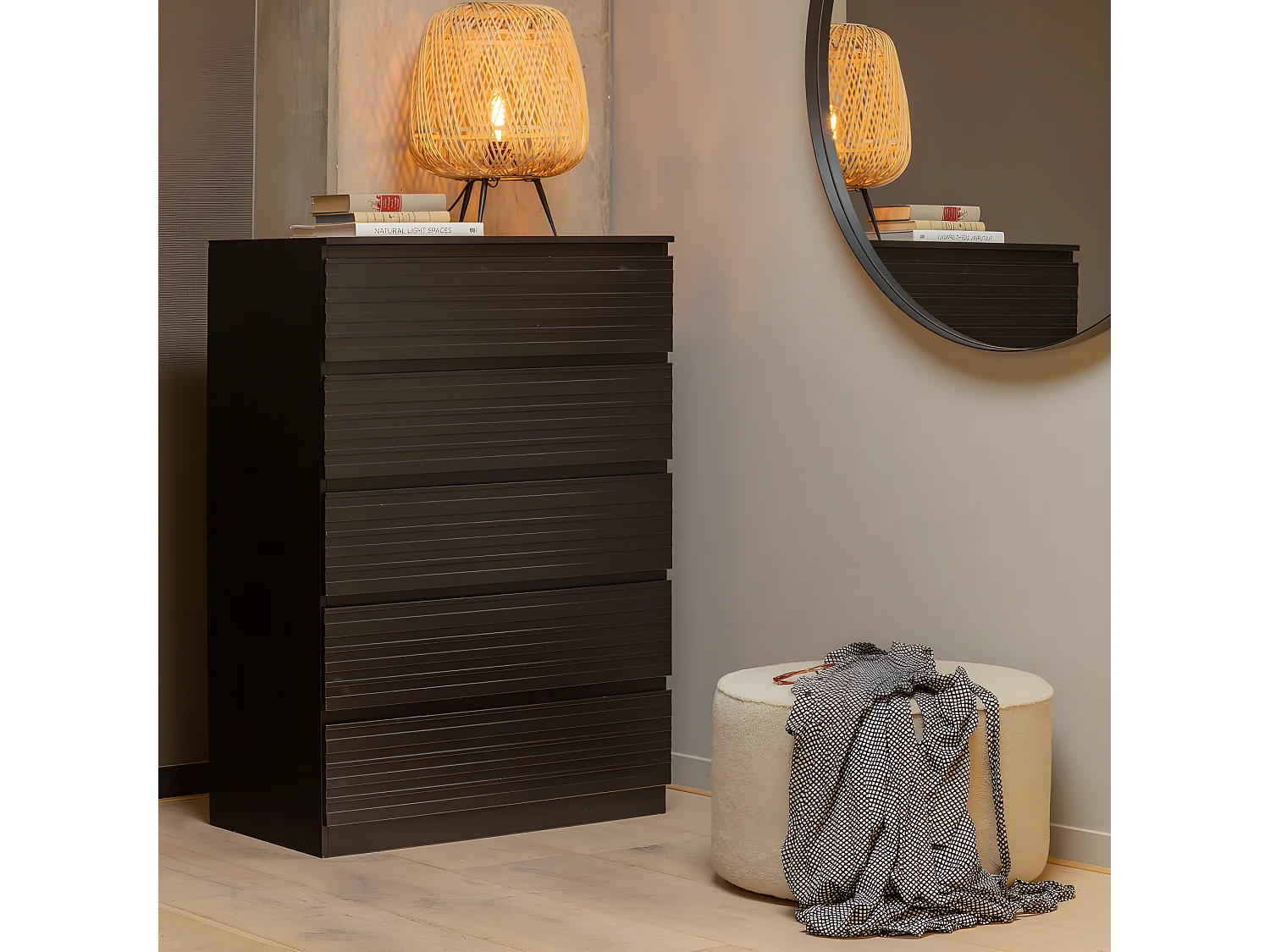 Jente - Commode 5 tiroirs en bois massif de pin - Noir