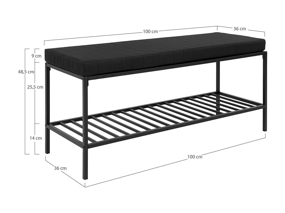 Banc Avery avec étagère et coussin Noir