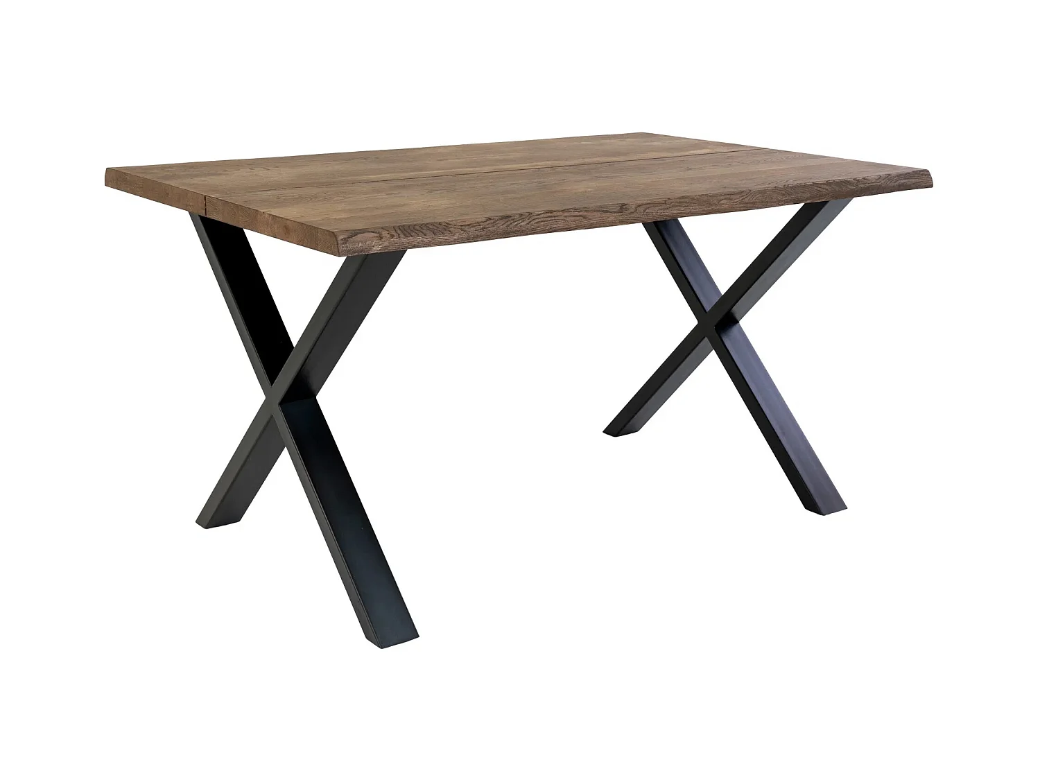 Table à manger industrielle TOULON – Chêne massif & acier noir, design avec bord ondulé-Marron-Largeur 140 cm