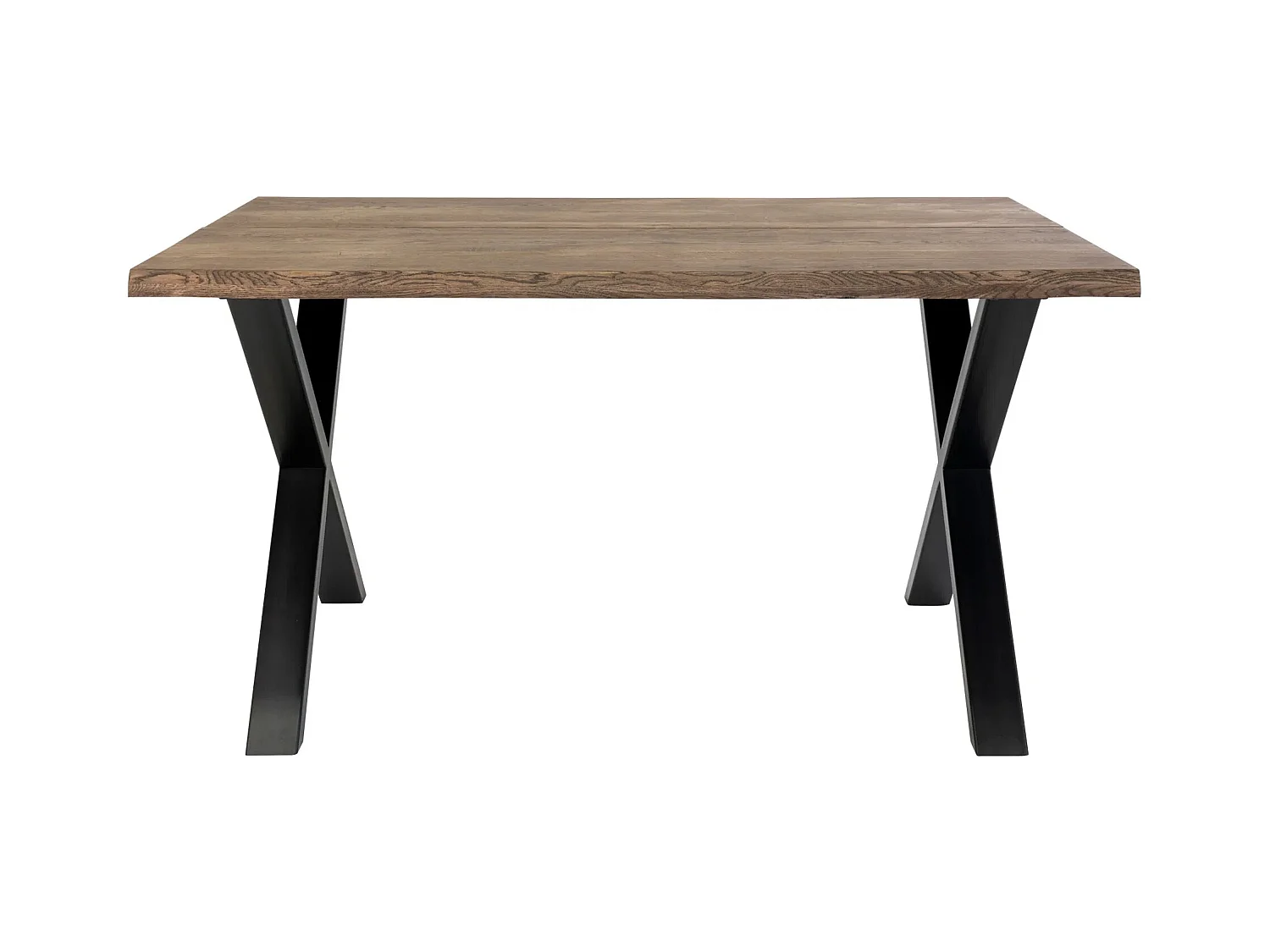 Table à manger industrielle TOULON – Chêne massif & acier noir, design avec bord ondulé-Marron-Largeur 140 cm