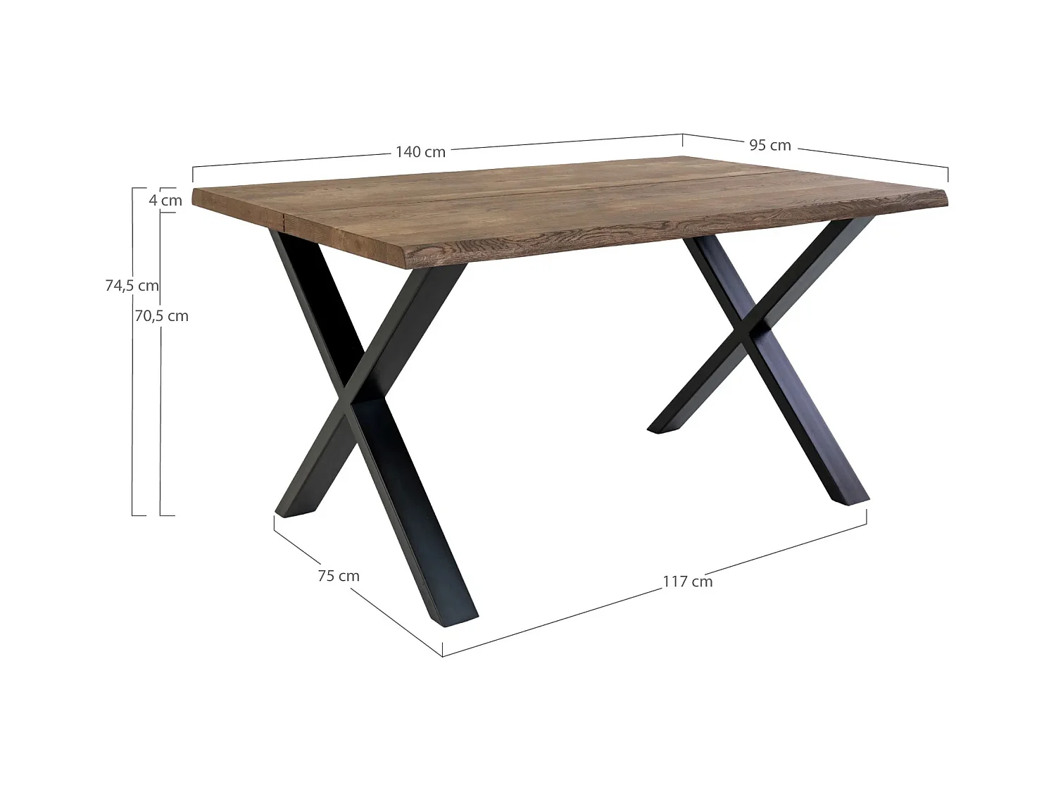 Table à manger industrielle TOULON – Chêne massif & acier noir, design avec bord ondulé-Marron-Largeur 140 cm