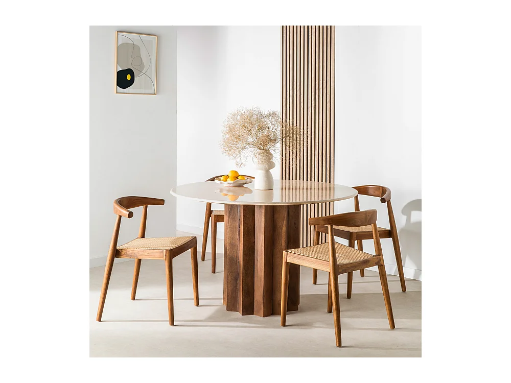 Sorong - Table à manger 4 personnes ronde en marbre et bois massif - Ivoire