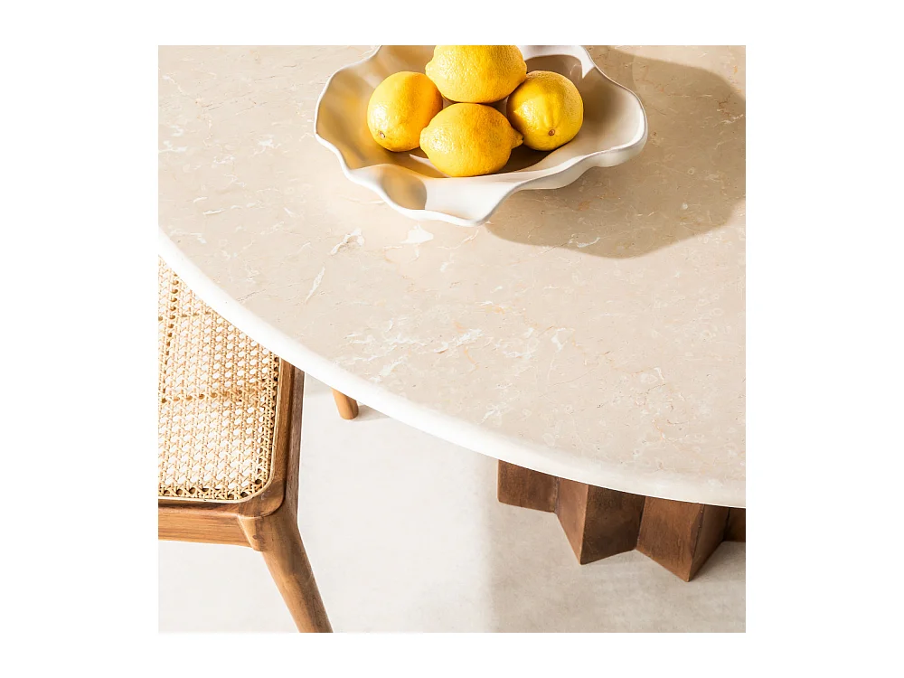 Sorong - Table à manger 4 personnes ronde en marbre et bois massif - Ivoire